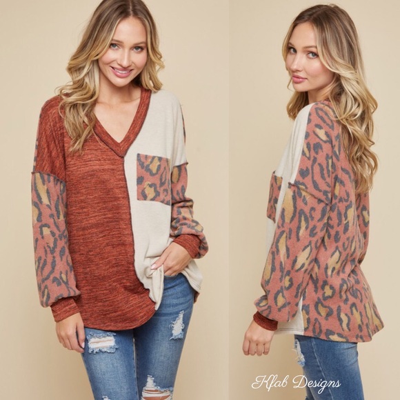 Tops - ❤️LAST 2! V Neck Super Soft Leopard Rust Color Block Top!